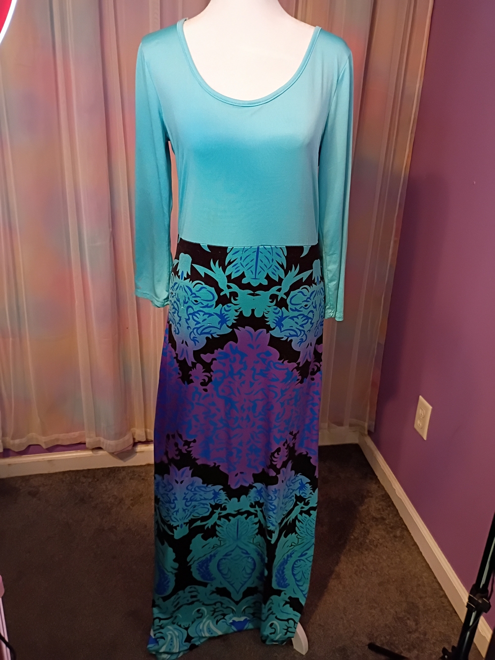 Cherish Aqua Blue Black Purple Long Sleeve Leaf Botanical Maxi Dress Size Large